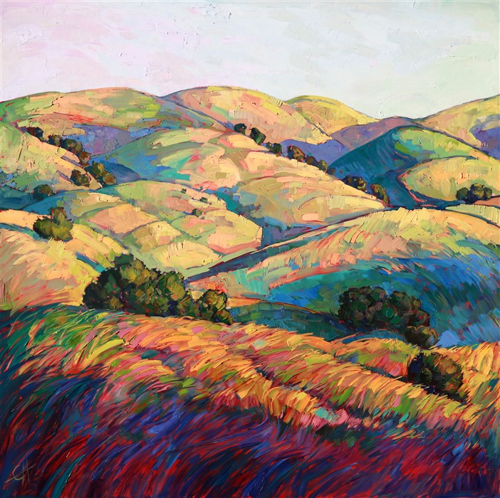 "Pasoscapes" is a large diptych oil painting, a continuous painting that flows across two canvases. You can feel the motion of the wind through the grasses, as your eyes scan through the distant layers of rolling hills. This painting was created with wide bands of paint and thick brush strokes, a full experience of color and physical texture.