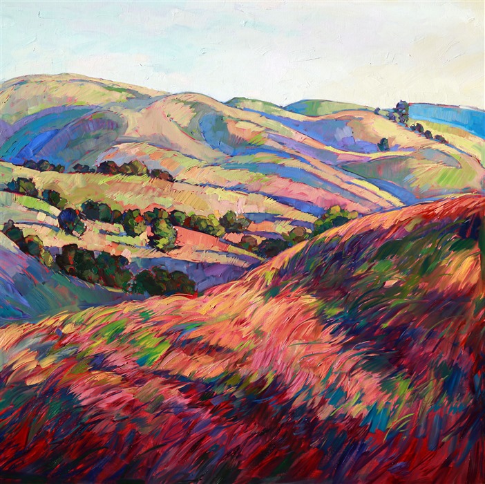 "Pasoscapes" is a large diptych oil painting, a continuous painting that flows across two canvases. You can feel the motion of the wind through the grasses, as your eyes scan through the distant layers of rolling hills. This painting was created with wide bands of paint and thick brush strokes, a full experience of color and physical texture.