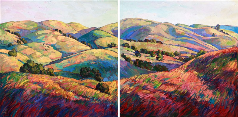 "Pasoscapes" is a large diptych oil painting, a continuous painting that flows across two canvases. You can feel the motion of the wind through the grasses, as your eyes scan through the distant layers of rolling hills. This painting was created with wide bands of paint and thick brush strokes, a full experience of color and physical texture.