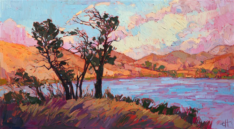 Pastel colors of early dawn give this landscape a wash of sherbet hues.  The dramatic lighting and thick brush strokes create a painting full of life and motion.  It is scenery and light like this that drags the artist out of bed and out exploring at 5am before dawn!</p><p>This painting was created on a gallery-depth canvas with the painting continued around the edges. The painting will arrive in a beautiful hardwood floater frame, ready to hang. The second photograph above shows how the piece looks under gallery spot lighting.</p><p>Exhibited: "Impressions in Oil", Studios on the Park. Paso Robles, CA. 2015