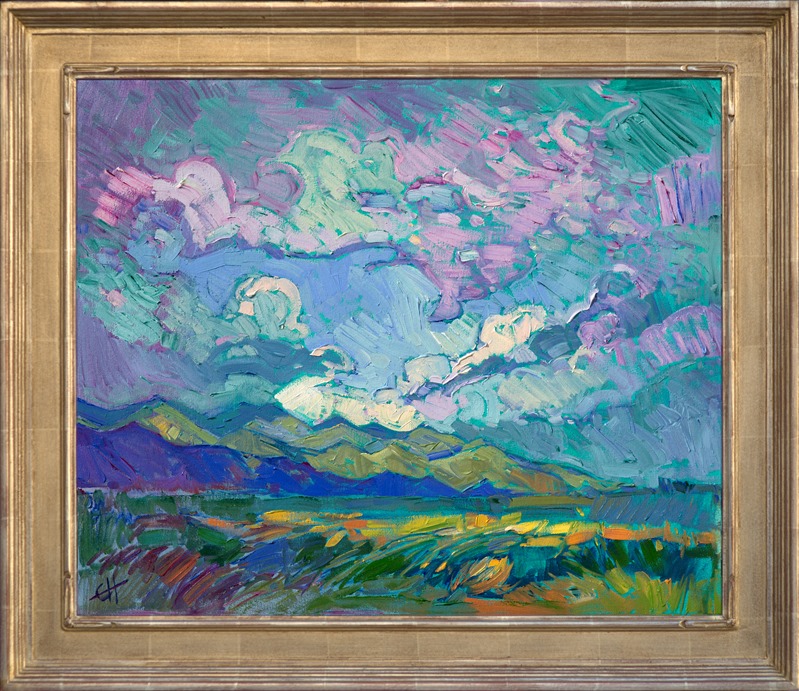 Beautiful colors of pastel mints form swirling clouds above this Northwestern-inspired landscape.  The distant mountains are green with springtime rains and seem full of life and promise.  The brush strokes in this painting are loose and impressionistic, creating a mosaic of color and texture across the canvas.</p><p>This painting was done on 3/4"-deep stretched canvas.  It has been framed in a classic plein air frame and arrives wired and ready to hang.