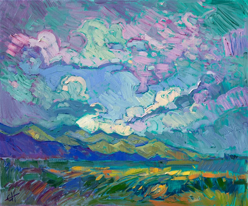 Beautiful colors of pastel mints form swirling clouds above this Northwestern-inspired landscape.  The distant mountains are green with springtime rains and seem full of life and promise.  The brush strokes in this painting are loose and impressionistic, creating a mosaic of color and texture across the canvas.</p><p>This painting was done on 3/4"-deep stretched canvas.  It has been framed in a classic plein air frame and arrives wired and ready to hang.