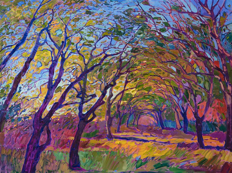 Dawning light filters through oaks sheltering a pathway in the woods, casting long shadows across the springtime grass.  Delicate branches and vibrant light dance together in this beautifully textured oil painting.  The brush strokes are loose and impressionistic, creating a mosaic of color across the canvas.</p><p>This painting was done on 1-1/2" deep canvas, with the painting continued around the edges. The painting has been framed in a carved gold floater frame, and it arrives ready to hang.</p><p>