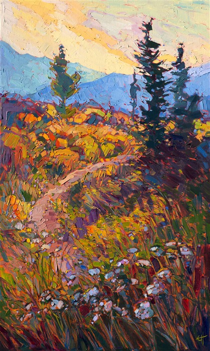 This boldly-colored painting captures that last moment of sunset, when the whole world becomes tinted with golden-red light.  The wildflowers seem to beckon you into the landscape, inviting you to explore beyond the mountain's ridge before dusk finally descends.</p><p>This painting was created on a gallery-depth canvas with the painting continued around the edges. It arrives framed in a beautiful hardwood floater frame, ready to hang.</p><p>Exhibited: "Impressions in Oil", Studios on the Park. Paso Robles, CA. 2015</p><p>Exhibited: St George Art Museum, Utah, in a solo exhibition celebrating the National Park's centennial: <i><a href="https://www.erinhanson.com/Event/ErinHansonMuseumShow2016" target="_blank">Erin Hanson's Painted Parks</a></i>, 2016.