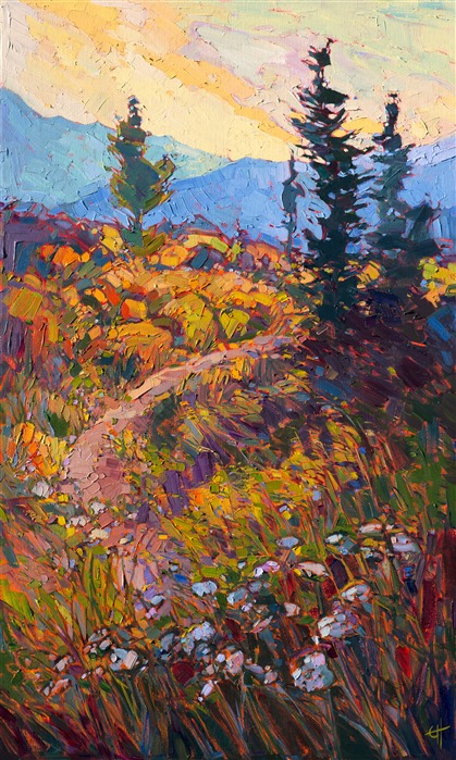 This boldly-colored painting captures that last moment of sunset, when the whole world becomes tinted with golden-red light.  The wildflowers seem to beckon you into the landscape, inviting you to explore beyond the mountain's ridge before dusk finally descends.

This painting was created on a gallery-depth canvas with the painting continued around the edges. It arrives framed in a beautiful hardwood floater frame, ready to hang.

Exhibited: "Impressions in Oil", Studios on the Park. Paso Robles, CA. 2015

Exhibited: St George Art Museum, Utah, in a solo exhibition celebrating the National Park's centennial: <i><a href="https://www.erinhanson.com/Event/ErinHansonMuseumShow2016" target="_blank">Erin Hanson's Painted Parks</a></i>, 2016.