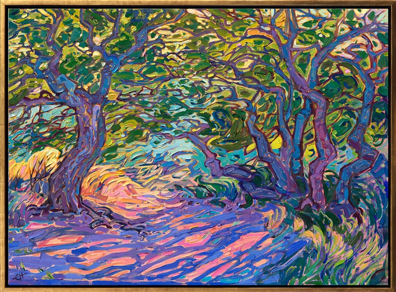 The wind pushes through the branches of these overhanging oak trees, creating a cool arbor beneath the boughs. Dappled light plays along the soft ground, creating ripples of color beneath your feet. The brush strokes are thick and impressionistic, creating a mosaic of color and texture across the canvas.</p><p>"Path in the Trees" was created on 1-1/2" deep canvas. The original work arrives framed in a contemporary gold floater frame, ready to hang. 
