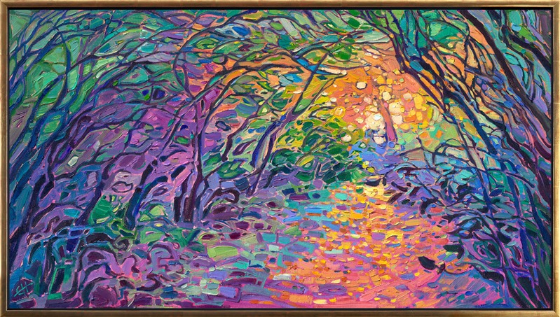 I discovered this arbor of trees when exploring landscapes to paint during the golden hour in Sequim Bay, Washington. The late afternoon sunlight glowed orange and pink at the end of the tunnel, an appealing contrast to the green pines and madrones. Thick brush strokes of impressionistic color illuminate the canvas with the movement of light. 