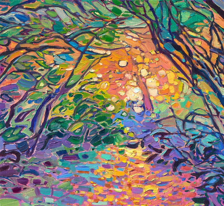 I discovered this arbor of trees when exploring landscapes to paint during the golden hour in Sequim Bay, Washington. The late afternoon sunlight glowed orange and pink at the end of the tunnel, an appealing contrast to the green pines and madrones. Thick brush strokes of impressionistic color illuminate the canvas with the movement of light. 