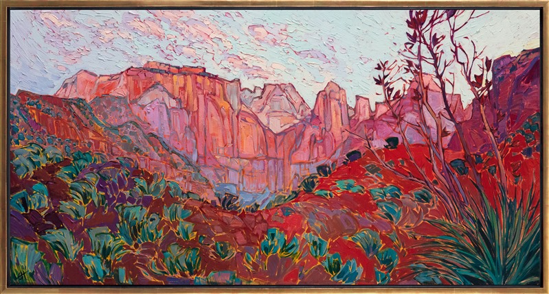 About the painting:<br/>Waiting behind the Zion Human History Museum in the dark before dawn, I watched the sky slowly lighten into hues of pink and pale blue. The distant Court of the Patriarchs finally caught the light of sunrise, glowing deep and rich with saturated color. </p><p>"Patriarch Sunrise" was created on gallery-depth canvas, with the painting continued around the edges. The piece arrives framed in a contemporary gold floater frame.