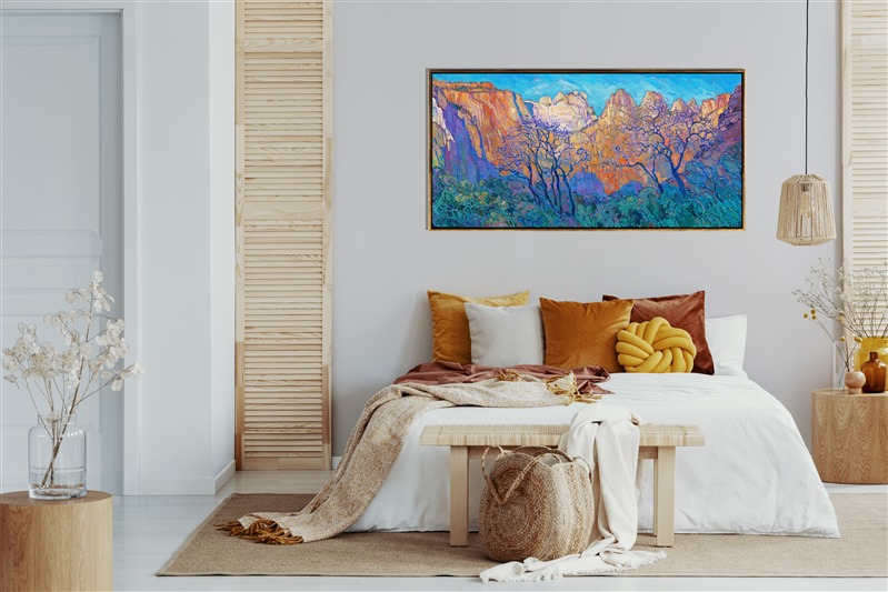 The Patriarchs at Zion are most beautiful at sunrise, when the warm light of dawn illuminates the pops of cadmium hues and soft white rock of the steep cliffs. This painting was inspired by a dawn hike along the Pa'rus Trail in Zion National Park. Impasto brush strokes of oil paint and loose, painterly brush strokes capture the vivid colors and motion of this national park.</p><p>This painting was exhibited at <i>Erin Hanson: Landscapes of the West </i> solo museum exhibition at the Sears Art Museum in St. George, Utah.