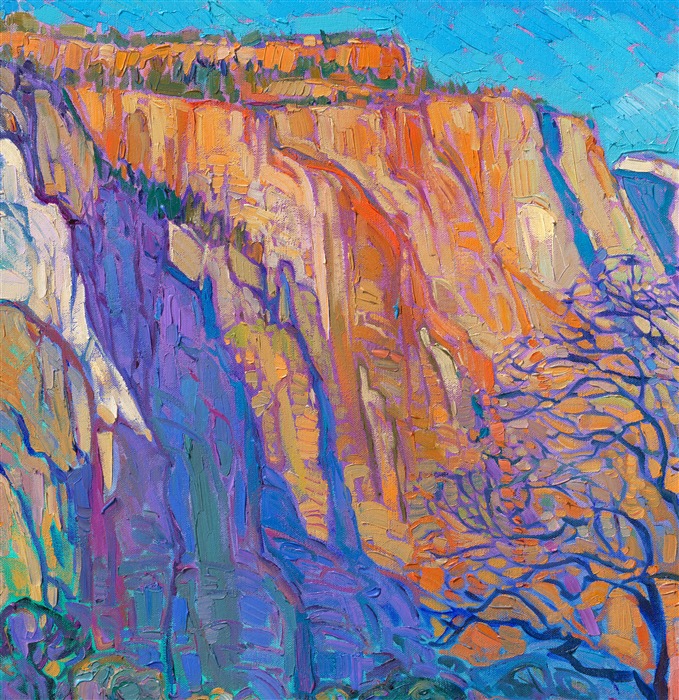 The Patriarchs at Zion are most beautiful at sunrise, when the warm light of dawn illuminates the pops of cadmium hues and soft white rock of the steep cliffs. This painting was inspired by a dawn hike along the Pa'rus Trail in Zion National Park. Impasto brush strokes of oil paint and loose, painterly brush strokes capture the vivid colors and motion of this national park.</p><p>This painting was exhibited at <i>Erin Hanson: Landscapes of the West </i> solo museum exhibition at the Sears Art Museum in St. George, Utah.