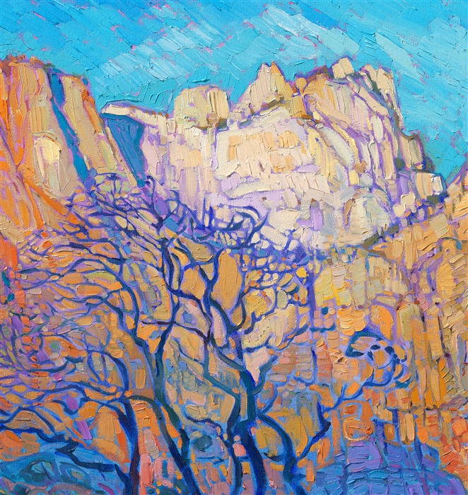 The Patriarchs at Zion are most beautiful at sunrise, when the warm light of dawn illuminates the pops of cadmium hues and soft white rock of the steep cliffs. This painting was inspired by a dawn hike along the Pa'rus Trail in Zion National Park. Impasto brush strokes of oil paint and loose, painterly brush strokes capture the vivid colors and motion of this national park.</p><p><b>Note:<br/>"Patriarchs at Zion" is available for pre-purchase and will be included in the <i><a href="https://www.erinhanson.com/Event/SearsArtMuseum" target="_blank">Erin Hanson: Landscapes of the West</a> </i>solo museum exhibition at the Sears Art Museum in St. George, Utah. This museum exhibition, located at the gateway to Zion National Park, will showcase Erin Hanson's largest collection of Western landscape paintings, including paintings of Zion, Bryce, Arches, Cedar Breaks, Arizona, and other Western inspirations. The show will be displayed from June 7 to August 23, 2024.</p><p>You may purchase this painting online, but the artwork will not ship after the exhibition closes on August 23, 2024.</b><br/><p>
