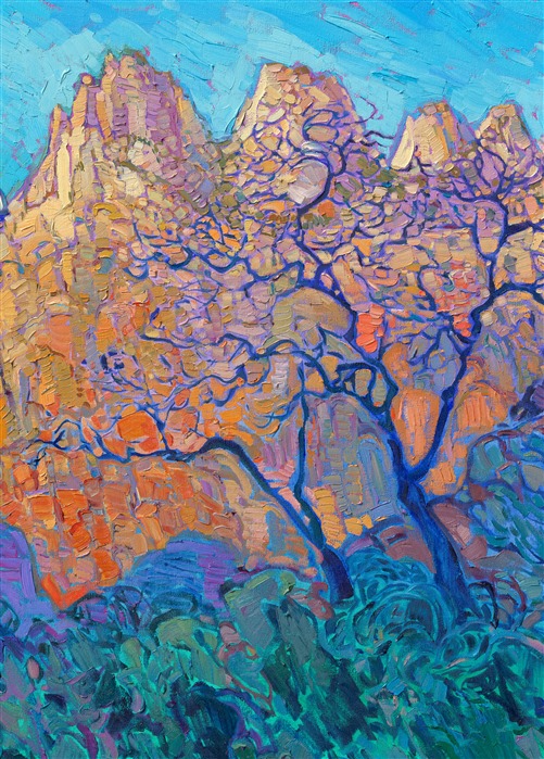 The Patriarchs at Zion are most beautiful at sunrise, when the warm light of dawn illuminates the pops of cadmium hues and soft white rock of the steep cliffs. This painting was inspired by a dawn hike along the Pa'rus Trail in Zion National Park. Impasto brush strokes of oil paint and loose, painterly brush strokes capture the vivid colors and motion of this national park.</p><p>This painting was exhibited at <i>Erin Hanson: Landscapes of the West </i> solo museum exhibition at the Sears Art Museum in St. George, Utah.