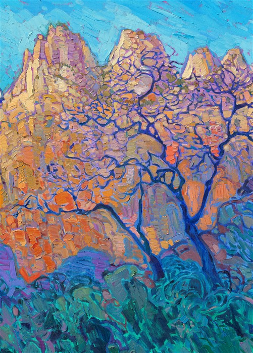 The Patriarchs at Zion are most beautiful at sunrise, when the warm light of dawn illuminates the pops of cadmium hues and soft white rock of the steep cliffs. This painting was inspired by a dawn hike along the Pa'rus Trail in Zion National Park. Impasto brush strokes of oil paint and loose, painterly brush strokes capture the vivid colors and motion of this national park.</p><p><b>Note:<br/>"Patriarchs at Zion" is available for pre-purchase and will be included in the <i><a href="https://www.erinhanson.com/Event/SearsArtMuseum" target="_blank">Erin Hanson: Landscapes of the West</a> </i>solo museum exhibition at the Sears Art Museum in St. George, Utah. This museum exhibition, located at the gateway to Zion National Park, will showcase Erin Hanson's largest collection of Western landscape paintings, including paintings of Zion, Bryce, Arches, Cedar Breaks, Arizona, and other Western inspirations. The show will be displayed from June 7 to August 23, 2024.</p><p>You may purchase this painting online, but the artwork will not ship after the exhibition closes on August 23, 2024.</b><br/><p>