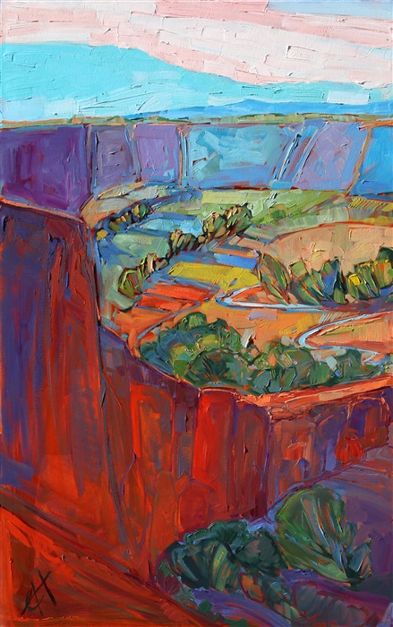 This wide triptych gives you the feeling of wide open space that you feel in your gut when you stand at the edge of Canyon de Chelly. The abstract shapes in the landscape fit together like a mosaic of color and texture.