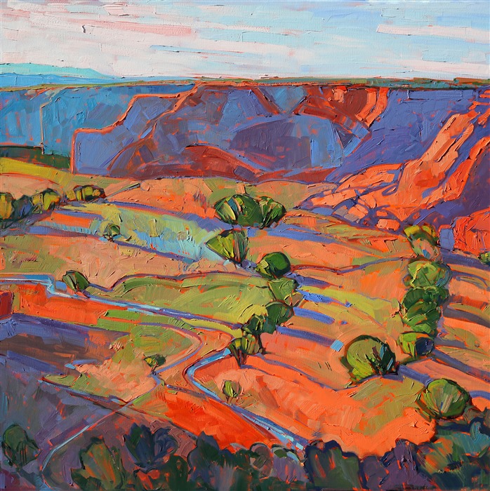 This wide triptych gives you the feeling of wide open space that you feel in your gut when you stand at the edge of Canyon de Chelly. The abstract shapes in the landscape fit together like a mosaic of color and texture.