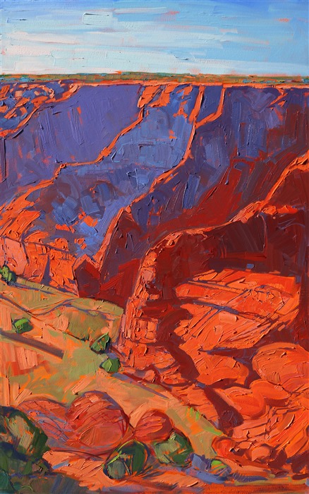 This wide triptych gives you the feeling of wide open space that you feel in your gut when you stand at the edge of Canyon de Chelly. The abstract shapes in the landscape fit together like a mosaic of color and texture.