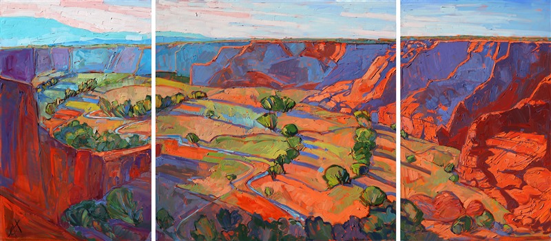 This wide triptych gives you the feeling of wide open space that you feel in your gut when you stand at the edge of Canyon de Chelly. The abstract shapes in the landscape fit together like a mosaic of color and texture.