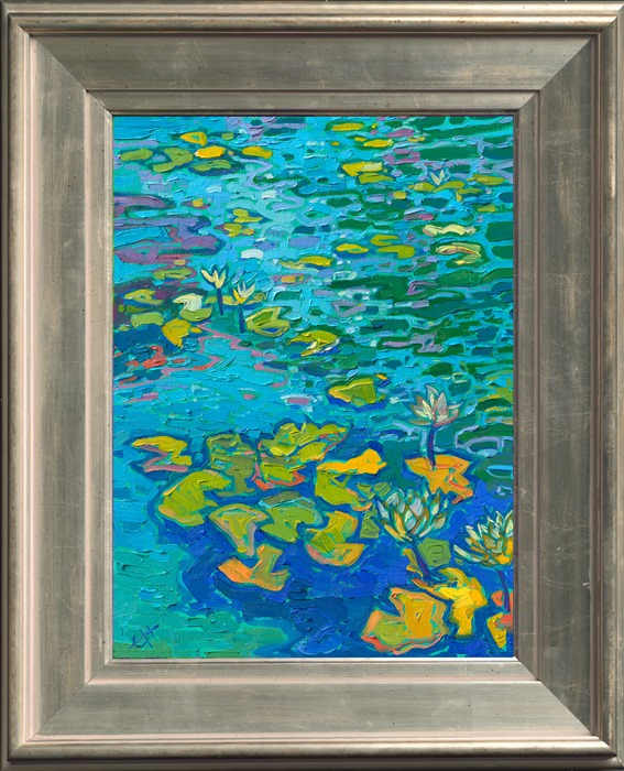 The lily pond in San Diego's Balboa Park creates an oasis of calm beauty in front of San Diego's Museum of Art. This painting captures the reflected colors of summer in the calm waters.</p><p>"Patterns of Lilies" is an original oil painting on linen board. The piece arrives framed in custom plein air frame, ready to hang.