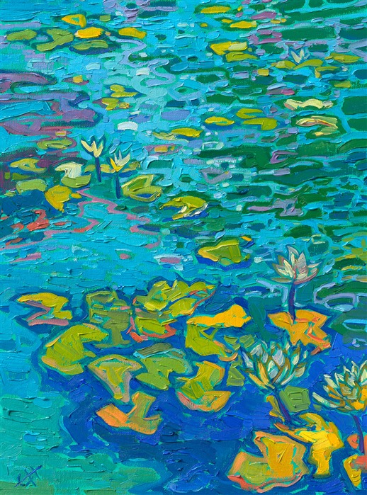 The lily pond in San Diego's Balboa Park creates an oasis of calm beauty in front of San Diego's Museum of Art. This painting captures the reflected colors of summer in the calm waters.</p><p>"Patterns of Lilies" is an original oil painting on linen board. The piece arrives framed in custom plein air frame, ready to hang.