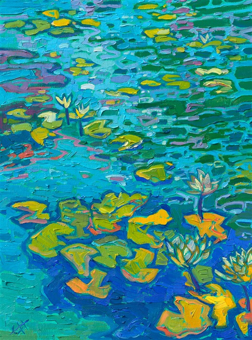 The lily pond in San Diego's Balboa Park creates an oasis of calm beauty in front of San Diego's Museum of Art. This painting captures the reflected colors of summer in the calm waters.

"Patterns of Lilies" is an original oil painting on linen board. The piece arrives framed in custom plein air frame, ready to hang.