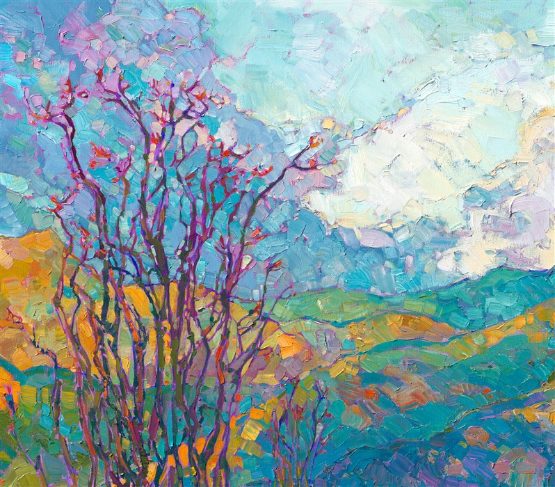 Borrego Springs is most beautiful in March and April, when the desert blossoms carpet the desert floor and the brown earth turns green with tiny desert plantlife. This painting captures the peaceful morning light of Southern California's high desert.</p><p>This painting is being sold on consignment.