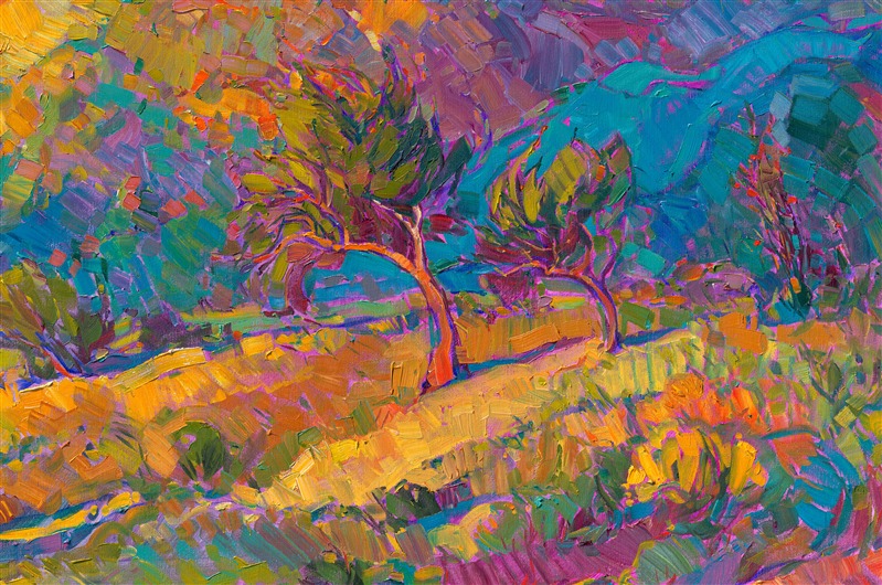 Borrego Springs is most beautiful in March and April, when the desert blossoms carpet the desert floor and the brown earth turns green with tiny desert plantlife. This painting captures the peaceful morning light of Southern California's high desert.</p><p>This painting is being sold on consignment.