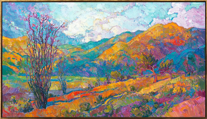 Borrego Springs is most beautiful in March and April, when the desert blossoms carpet the desert floor and the brown earth turns green with tiny desert plantlife. This painting captures the peaceful morning light of Southern California's high desert.</p><p>This painting is being sold on consignment.