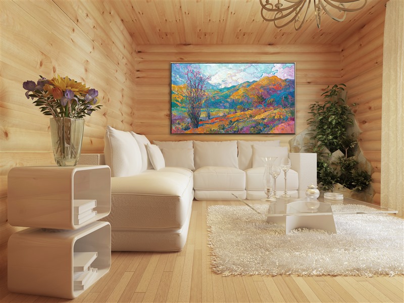 Borrego Springs is most beautiful in March and April, when the desert blossoms carpet the desert floor and the brown earth turns green with tiny desert plantlife. This painting captures the peaceful morning light of Southern California's high desert.</p><p>This painting is being sold on consignment.