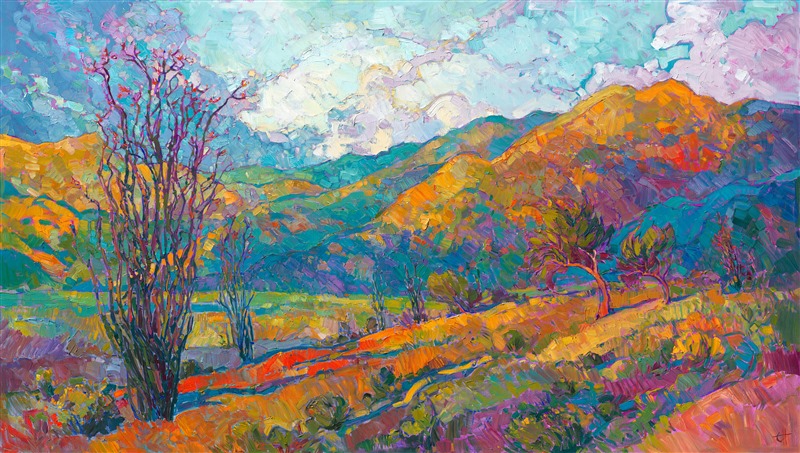 Borrego Springs is most beautiful in March and April, when the desert blossoms carpet the desert floor and the brown earth turns green with tiny desert plantlife. This painting captures the peaceful morning light of Southern California's high desert.

This painting is being sold on consignment.