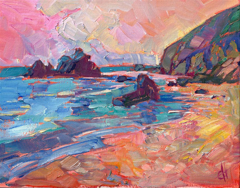 Peach colored light casts its hue across this rocky beach of central California.  The brush strokes in this painting are loose and impressionistic, full of color and motion.</p><p>This small oil painting arrives framed and ready to hang.
