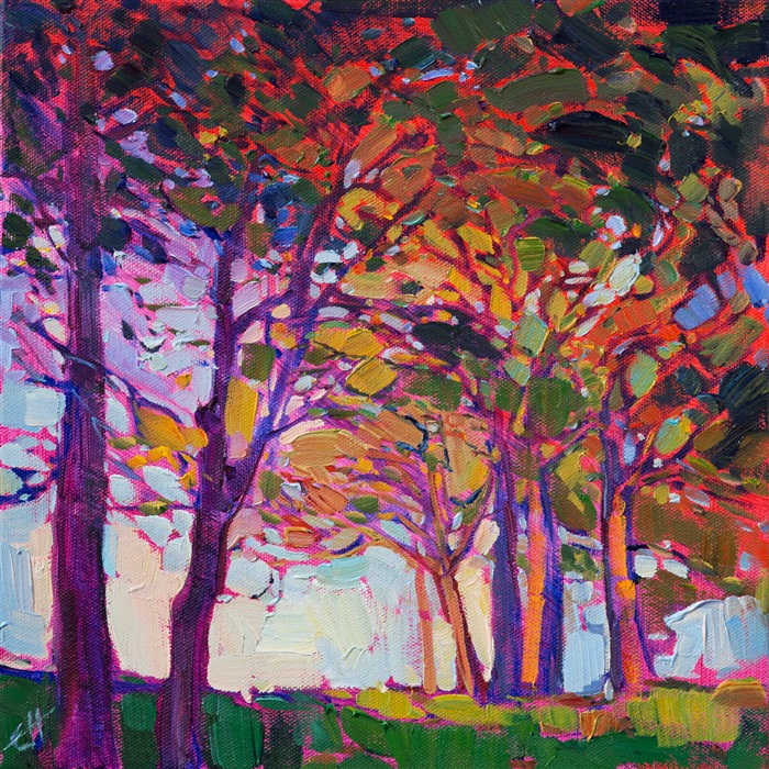 Peacock colors of purple, blue, and green come alive in this petite oil painting.  The overhanging and criss-crossing oak trees form a stained glass appearance, the light shining through the leaves in distinct planes of color.

This painting was done on 3/4"-deep stretched canvas.  It has been framed in a classic plein air frame and arrives wired and ready to hang.