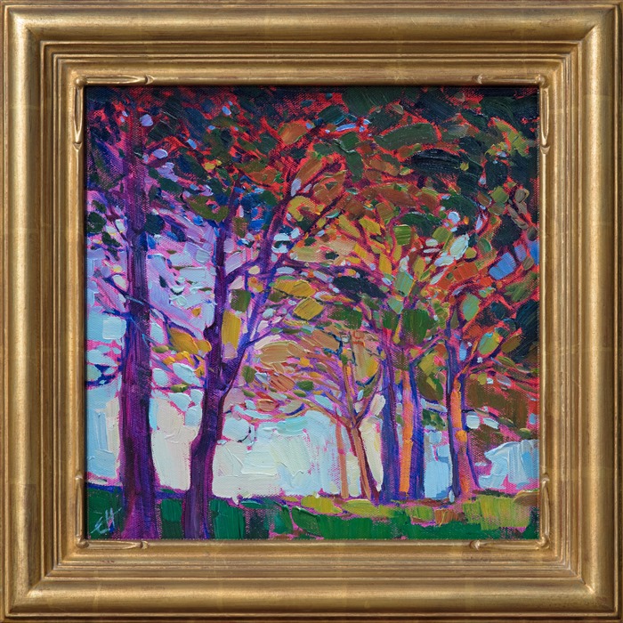 Peacock colors of purple, blue, and green come alive in this petite oil painting.  The overhanging and criss-crossing oak trees form a stained glass appearance, the light shining through the leaves in distinct planes of color.</p><p>This painting was done on 3/4"-deep stretched canvas.  It has been framed in a classic plein air frame and arrives wired and ready to hang.