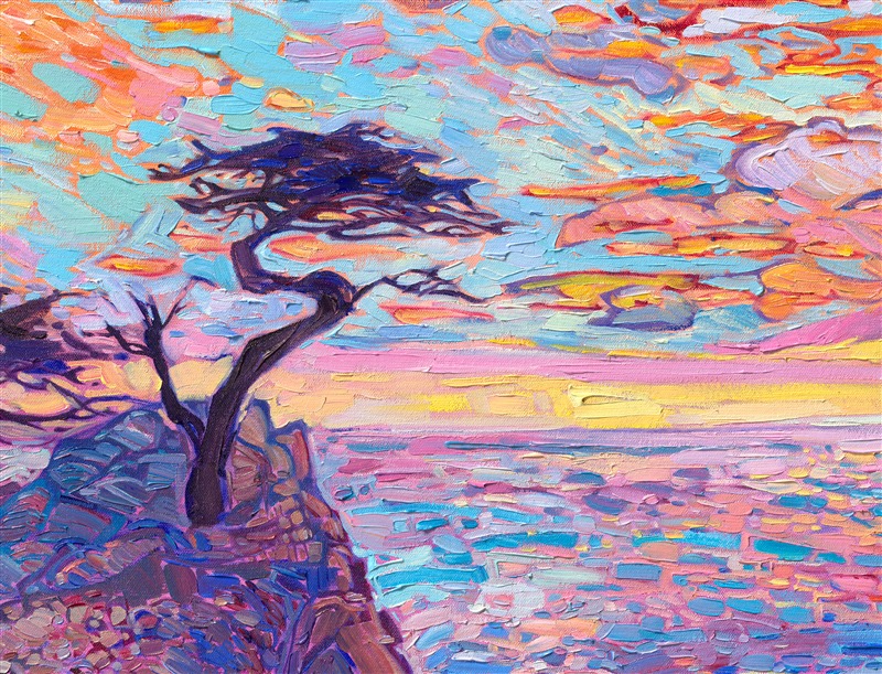 Lone Cypress is probably the most famous tree on the west coast. This single cypress tree growing out of a rocky outcropping over the Pacific Ocean gets almost a million visitors every year. This painting captures the stalwart cypress in hues of glowing sunset.