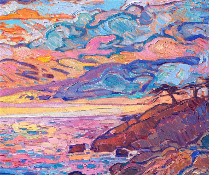 Lone Cypress is probably the most famous tree on the west coast. This single cypress tree growing out of a rocky outcropping over the Pacific Ocean gets almost a million visitors every year. This painting captures the stalwart cypress in hues of glowing sunset.