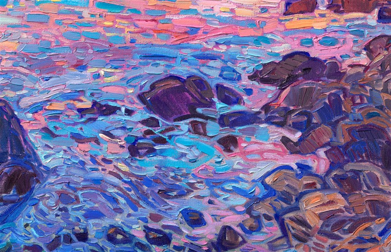 Lone Cypress is probably the most famous tree on the west coast. This single cypress tree growing out of a rocky outcropping over the Pacific Ocean gets almost a million visitors every year. This painting captures the stalwart cypress in hues of glowing sunset.