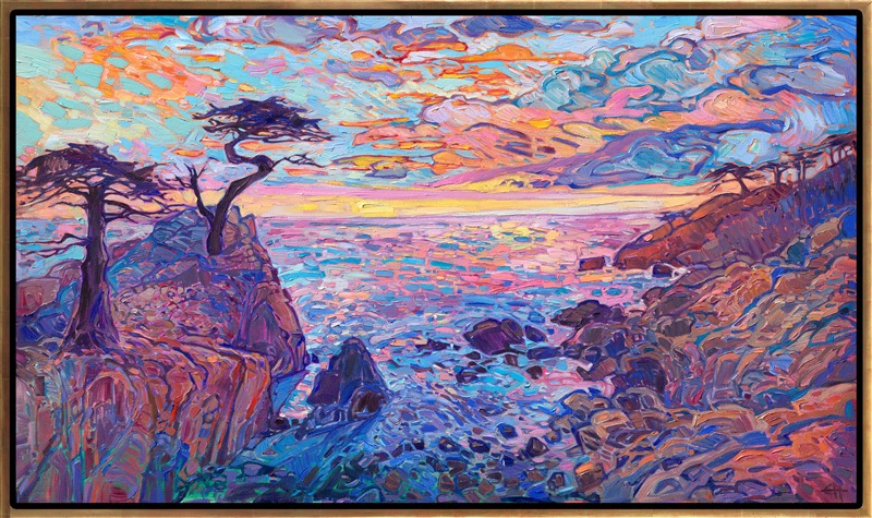 Lone Cypress is probably the most famous tree on the west coast. This single cypress tree growing out of a rocky outcropping over the Pacific Ocean gets almost a million visitors every year. This painting captures the stalwart cypress in hues of glowing sunset.