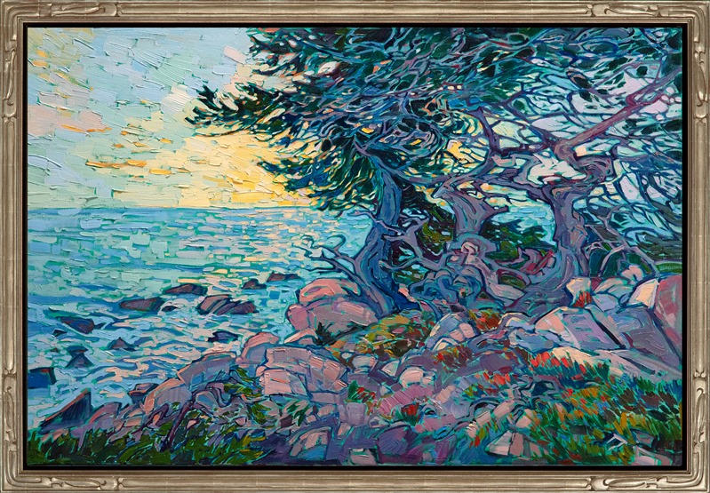 Rich hues of turquoise and teal glow on the canvas in this painting of Pebble Beach, California. The thick swirls of paint applied with an impressionist's hand capture the transient beauty of light fading into dusk.</p><p>"Pebble Beach Dusk" was created on 1-1/2" canvas, and the piece arrives framed in a champagne gold, carved floater frame.
