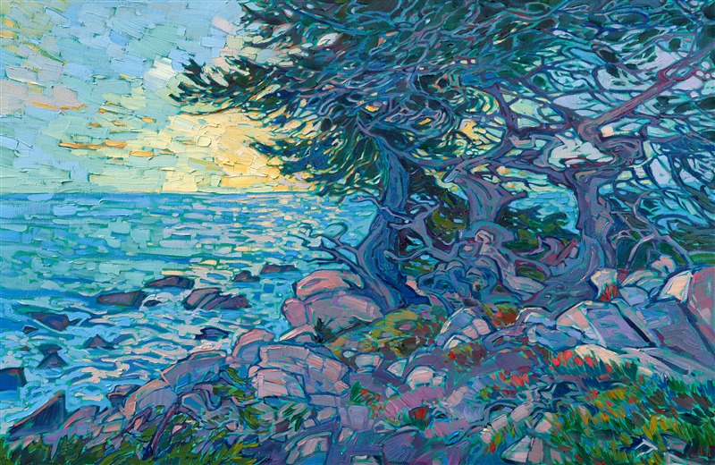 Rich hues of turquoise and teal glow on the canvas in this painting of Pebble Beach, California. The thick swirls of paint applied with an impressionist's hand capture the transient beauty of light fading into dusk.</p><p>"Pebble Beach Dusk" was created on 1-1/2" canvas, and the piece arrives framed in a champagne gold, carved floater frame.