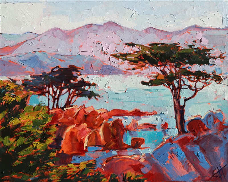 Pebble Beach, near Monterey, is painted here in bright colors and lively strokes, a fresh example of Erin's work.