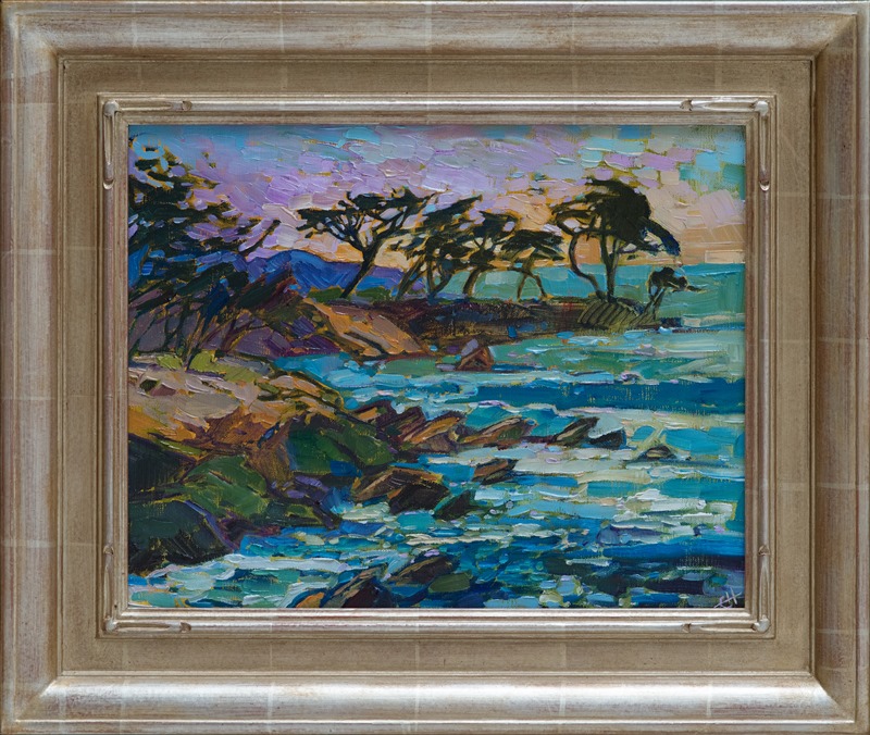Monterey is a land of ever-changing colors.  This early morning vista captures the rich ultramarine and turquoise waters colliding with the shadowed rocks and windswept cypress trees of Lover’s Point.</p><p>This painting has been framed in a hand-carved and gilded frame that was designed to complement the colors in this painting.  It will arrived wired and ready to hang.<br/>