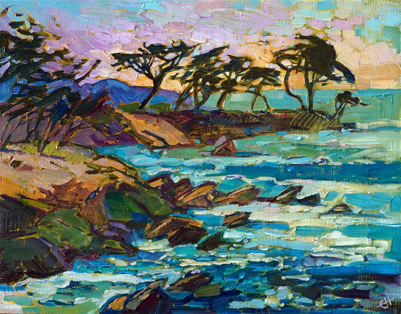 Monterey is a land of ever-changing colors.  This early morning vista captures the rich ultramarine and turquoise waters colliding with the shadowed rocks and windswept cypress trees of Lover’s Point.</p><p>This painting has been framed in a hand-carved and gilded frame that was designed to complement the colors in this painting.  It will arrived wired and ready to hang.<br/>
