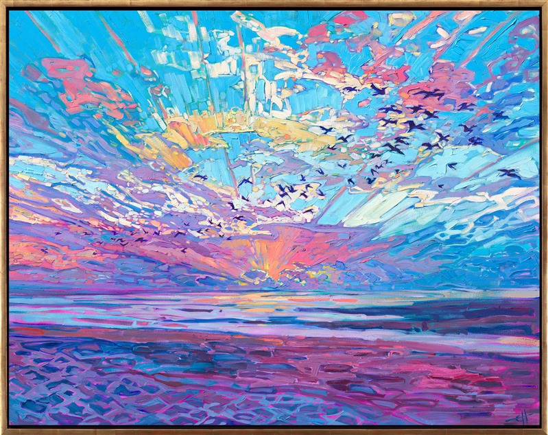 Cannon Beach, Oregon, is beautiful at sunset, with bonfires lighting the soft sandy beaches in every direction. The best part is watching the pelicans dance and swirl overhead, celebrating in the last rays of daylight.</p><p>"Pelican Sky" is an original oil painting on gallery-depth canvas. The piece arrives framed in a contemporary gold floater frame, ready to hang.