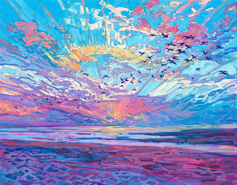 Cannon Beach, Oregon, is beautiful at sunset, with bonfires lighting the soft sandy beaches in every direction. The best part is watching the pelicans dance and swirl overhead, celebrating in the last rays of daylight.</p><p>"Pelican Sky" is an original oil painting on gallery-depth canvas. The piece arrives framed in a contemporary gold floater frame, ready to hang.