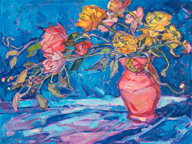A vase of peonies and ranunculus inspired this oil painting. The bright, contrasting colors and abstract shapes are captured in impressionistic, painterly brush strokes. 

This painting was created on 1-1/2" deep canvas, and it has been framed in a 23kt gold floater frame.