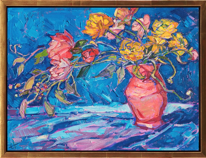 A vase of peonies and ranunculus inspired this oil painting. The bright, contrasting colors and abstract shapes are captured in impressionistic, painterly brush strokes. </p><p>This painting was created on 1-1/2" deep canvas, and it has been framed in a 23kt gold floater frame.