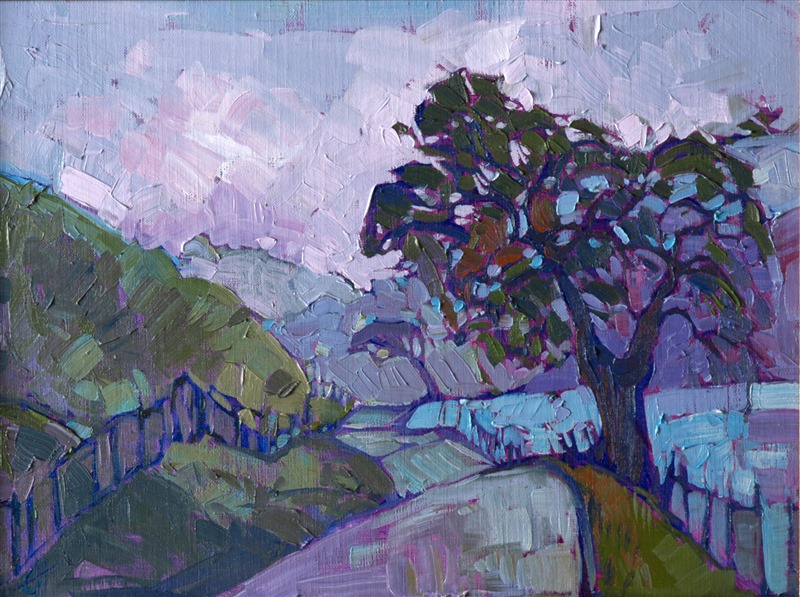 Bands of color overlap in these rolling hills, fading into periwinkle-hued dusk.  The loose brush strokes are applied with a free hand, expressing the magnificence of the landscape with a few well-placed strokes.</p><p>This small oil painting arrives framed in a beautiful plein air frame, wired and ready to hang.