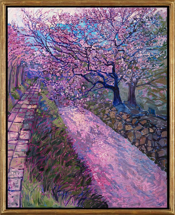 Pink cherry blossom petals fall to the ground, blanketing the ground in a soft pink carpet. The delicate branches of the cherry tree stretch into the sky, silhouetted by the distant blue mountain. This painting was inspired by Philosopher's Path, in Kyoto, Japan. </p><p>This painting was done on 1-1/2" canvas, with the edges of the canvas painted. The piece will be framed in a gold floater frame and it arrives ready to hang.