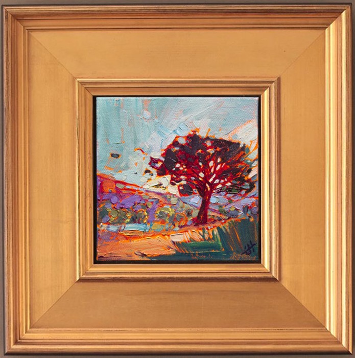This painting captures a California oak nested in a bend in the road, in Paso Robles.  The colors and brush strokes are lively and expressionistic, full of energy and motion.</p><p>This small 6x6 oil painting arrives framed in a beautiful frame (as pictured), ready to hang.