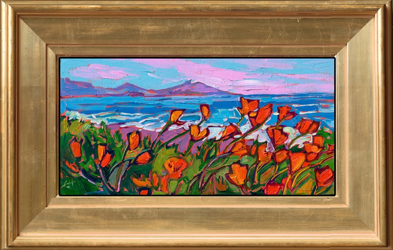 A flurry of orange poppies caught my attention growing along Highway 1 in California. The bright canary blooms seemed to vibrate with color against the aqua blue backdrop of the Pacific Ocean. Thick, impasto brush strokes capture the movement and life of the scene.